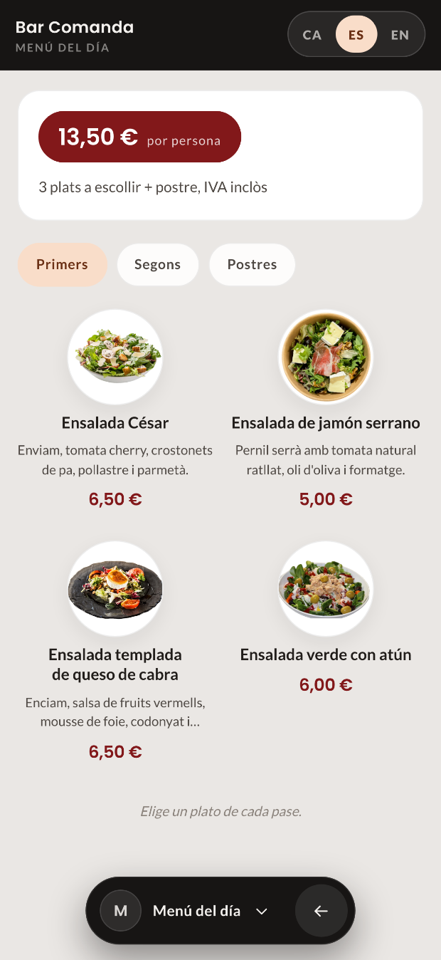 Menú del dia a la carta QR