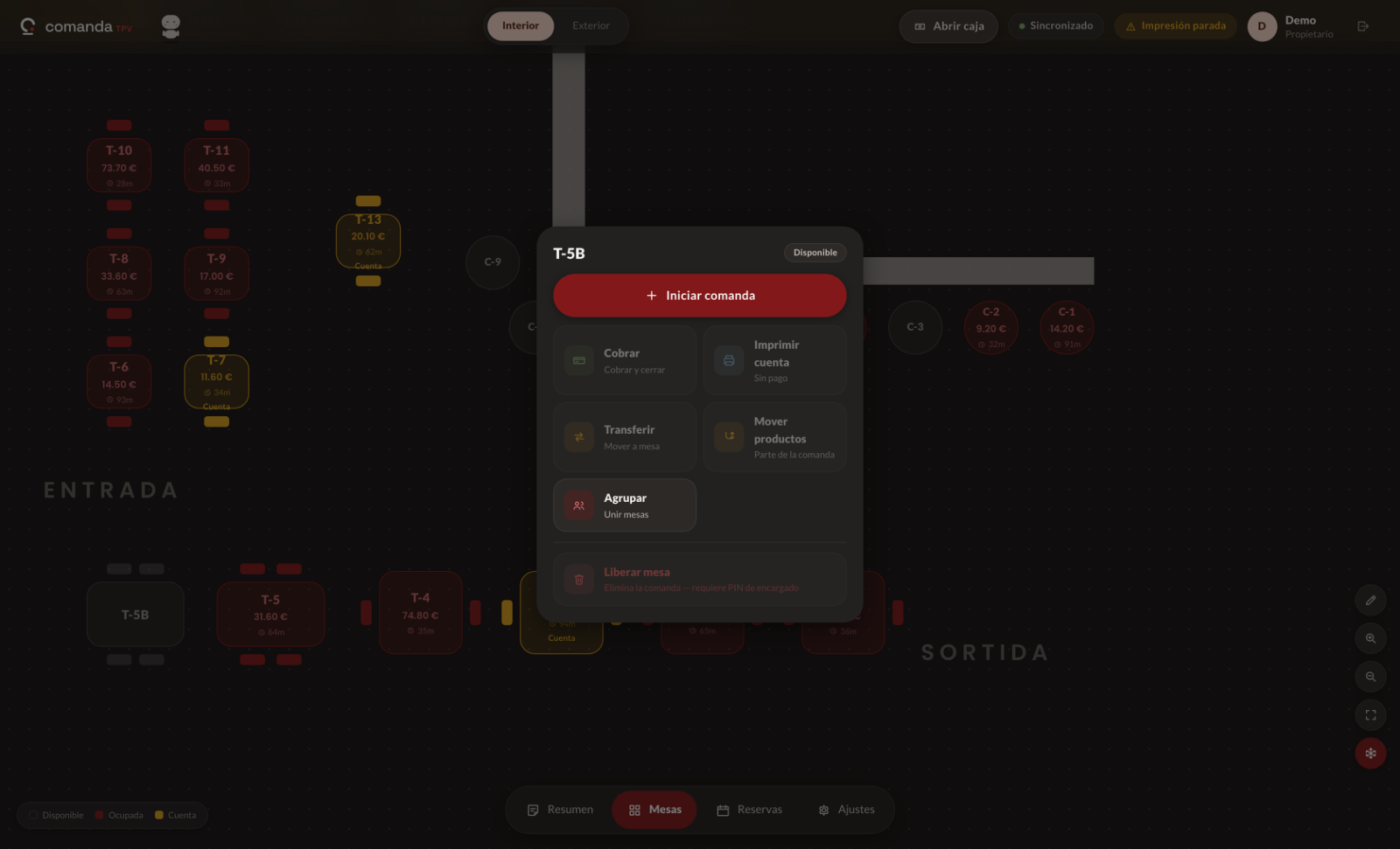 Opening a table on the Comanda POS